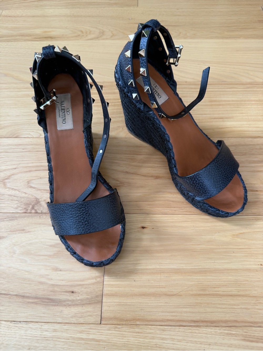 Valentino Black Leather Studded Espadrille Wedges